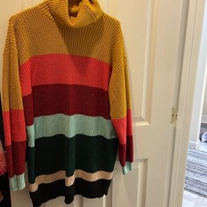 EUC Farm Rio Anthropologie Tunic Striped Sweater Dress Large Rainbow